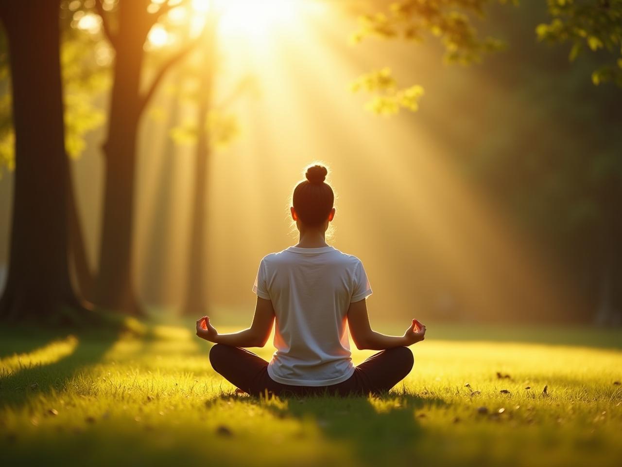 A person meditating in a peaceful setting, sunlight filtering through the trees, representing mindfulness and emotional awareness.