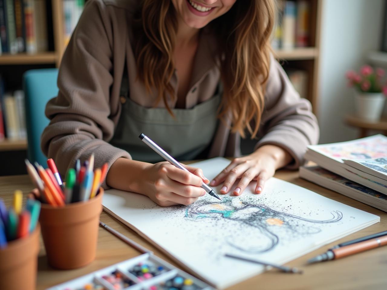 A person happily drawing in a sketchbook with colorful markers, surrounded by art supplies and books, symbolizing the joy and freedom of creative expression inspired by Austin Kleons Steal Like an Artist. Keywords: drawing, creativity, sketchbook, art supplies, inspiration, artist, Austin Kleon, Steal Like an Artist.