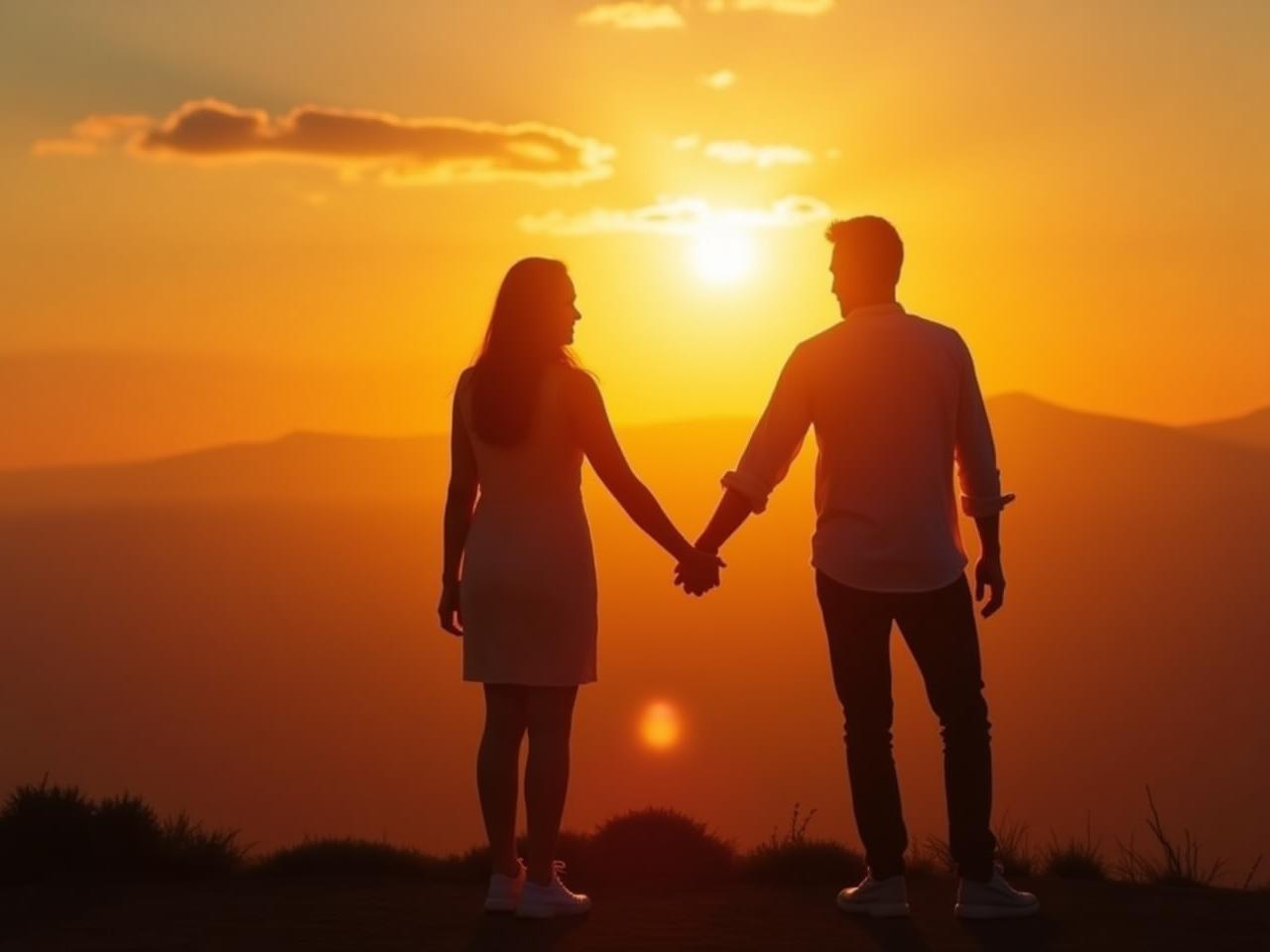A couple holding hands looking at the sunset, symbolizing the search for meaning in relationships inspired by Viktor Frankls book Mans Search for Meaning.
