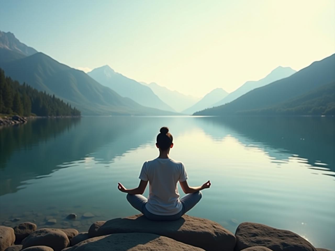 A serene image of a person meditating by a calm lake, with mountains in the background. The image represents inner peace and mindfulness, key concepts from The Power of Now.