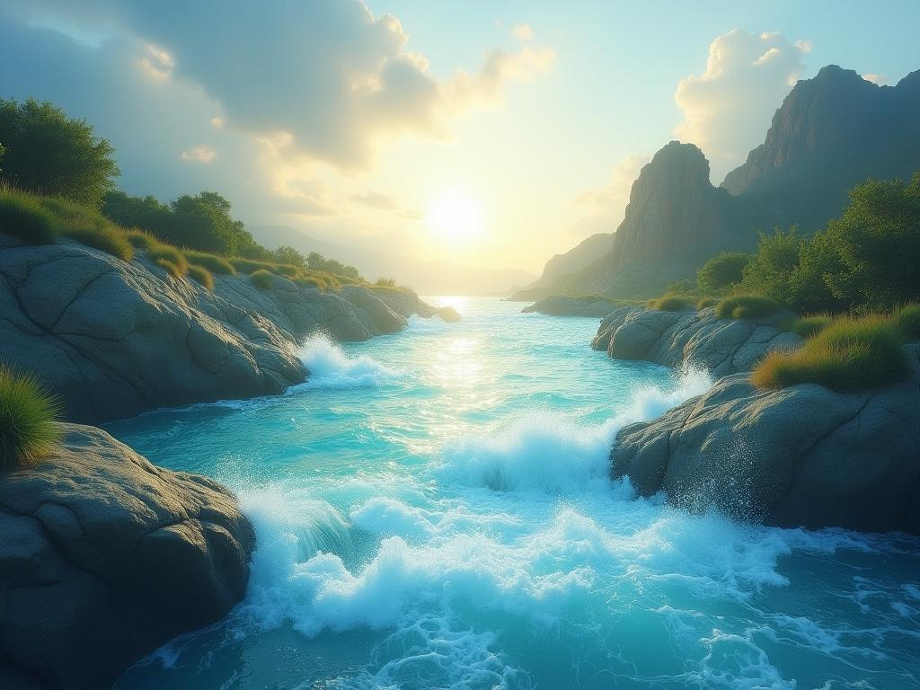 A serene landscape with flowing water, symbolizing effortless action and the principles of Deepak Chopras Life Without Stress.