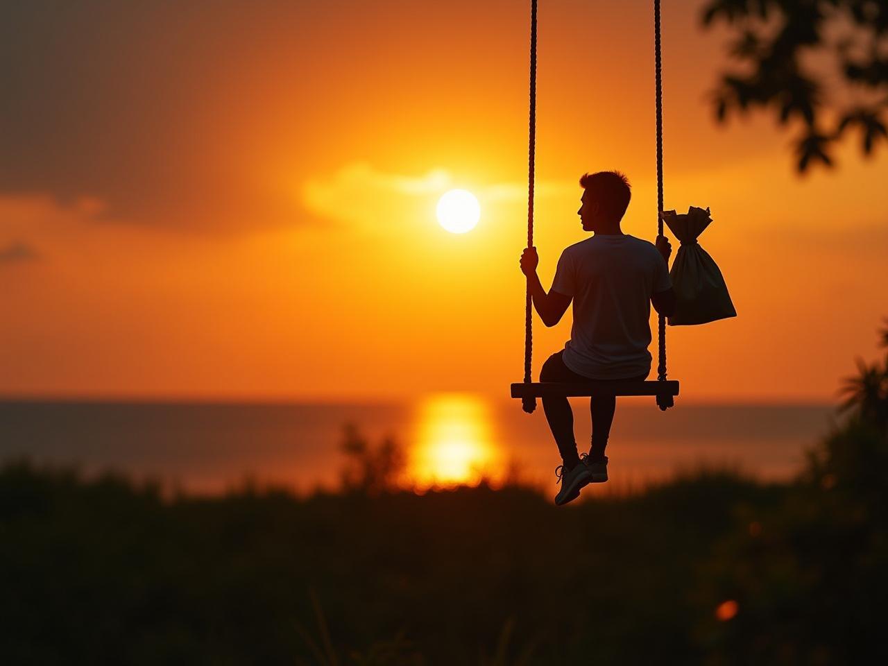 A person sitting on a swing with a bag of money, looking at a sunset. The swing represents the balance between saving and enjoying life.