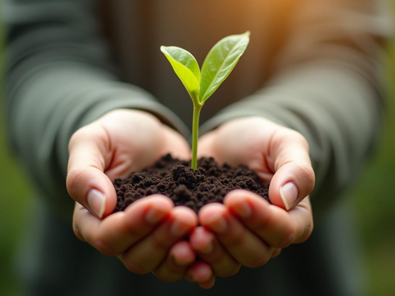 A person gently holding a seedling in their hands, symbolizing self-compassion and growth.