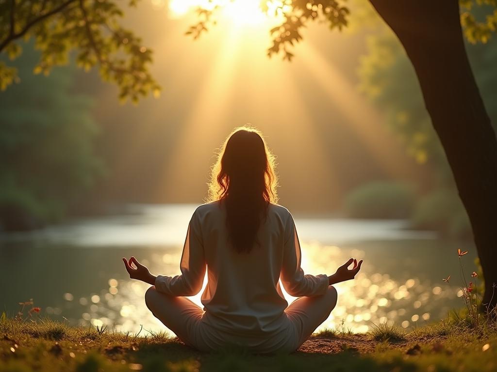 serene image of a person meditating in nature, surrounded by calming elements such as trees, water, and sunlight, symbolizing inner peace and tranquility
