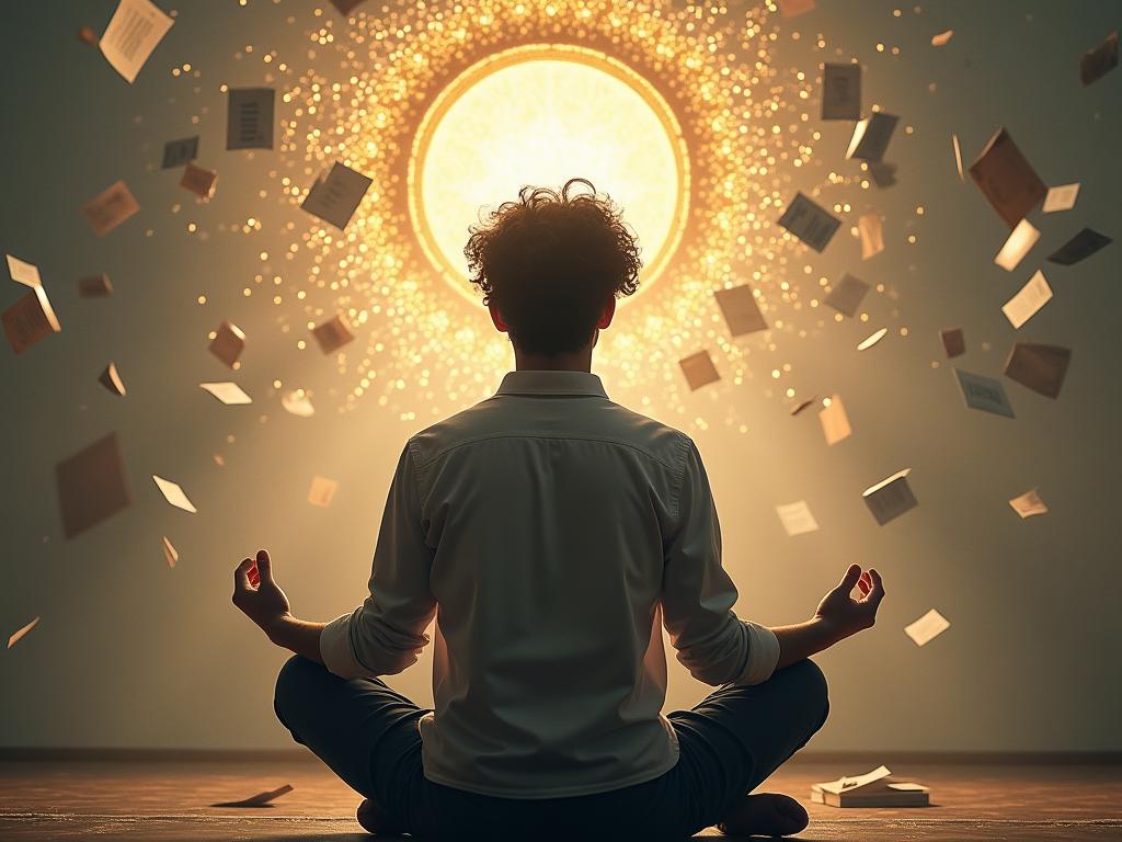 Image of a person meditating amidst distractions, symbolizing the power of focus and self-control. The image highlights the book Essentialism by Greg McKeown in the background.