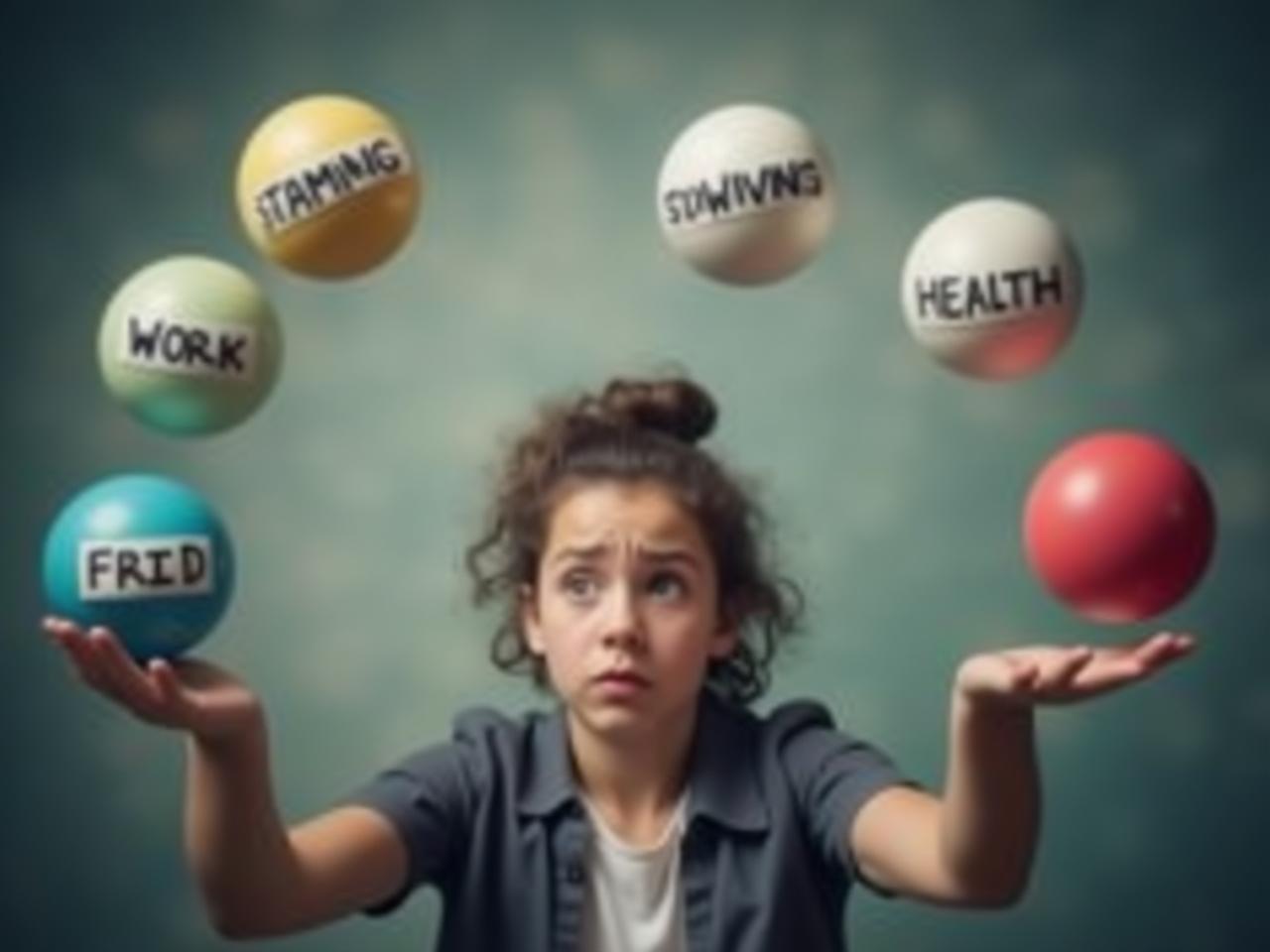 A person juggling multiple balls labeled with work, family, hobbies, and health, feeling overwhelmed. The background is blurred and chaotic, representing the stress of trying to do everything at once.