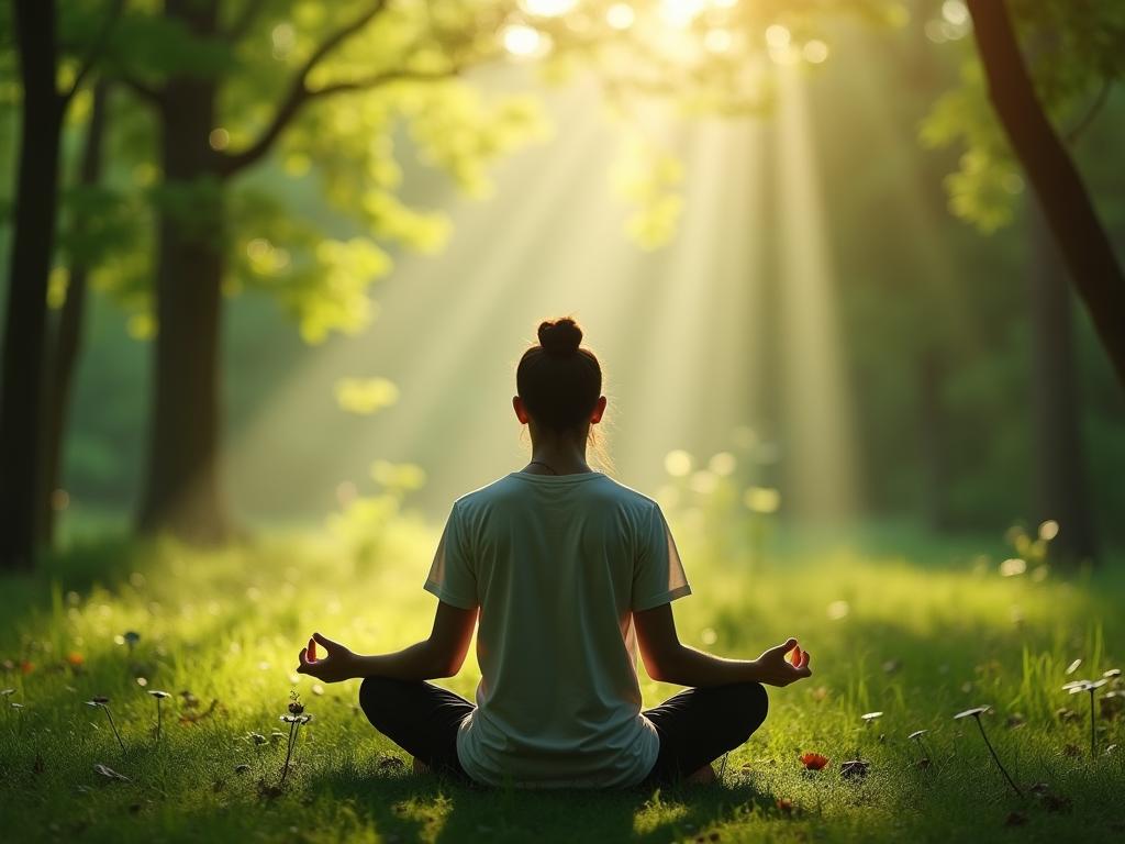 A peaceful scene of a person meditating in nature, surrounded by calming greenery, illustrating the concept of mindfulness and pain management.