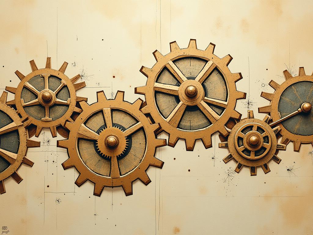 Image of interconnected gears representing different fields of knowledge working together to create a larger, complex system. Text overlay: Think Like Leonardo da Vinci: Connecting the Dots