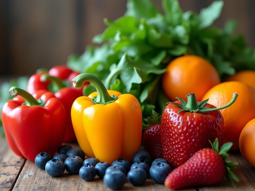 Colorful assortment of fresh fruits and vegetables on a wooden table, representing a diverse and healthy diet.  Includes red bell peppers, blueberries, leafy greens, and oranges.