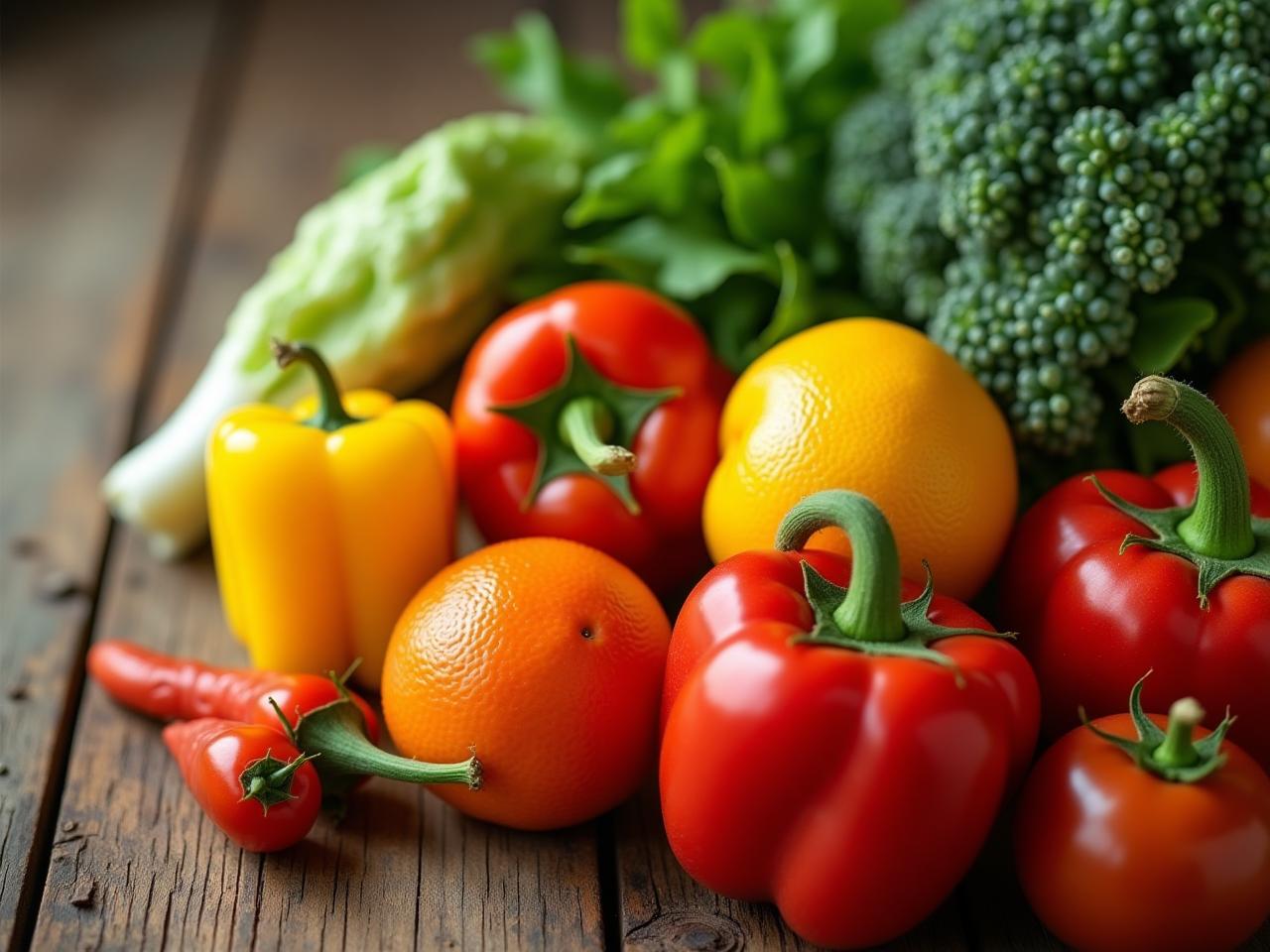 Close-up of a colorful assortment of fresh vegetables and fruits, arranged to showcase the beauty and abundance of whole foods. The background is a rustic wooden table, giving a natural and wholesome feel. The image emphasizes the vibrant colors and textures of the produce, inviting viewers to embrace healthy eating habits.