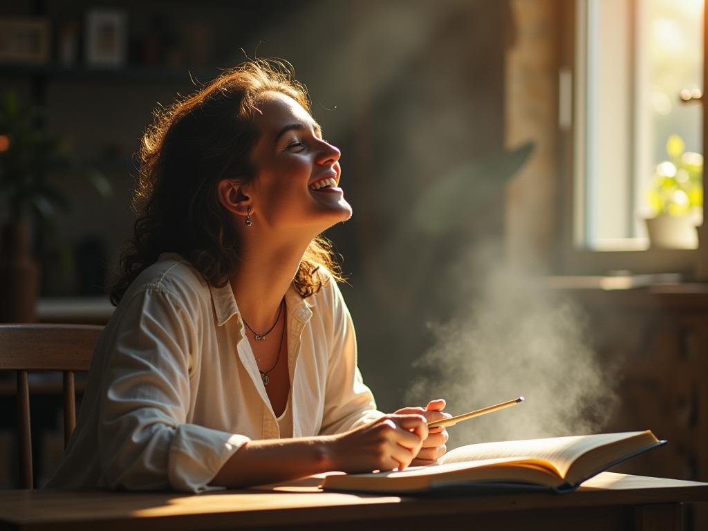 A person fully immersed in their work, completely focused and unaware of their surroundings, radiating a sense of joy and fulfillment. The image represents the concept of flow as described in the book Flow: The Psychology of Optimal Experience by Mihaly Csikszentmihalyi.