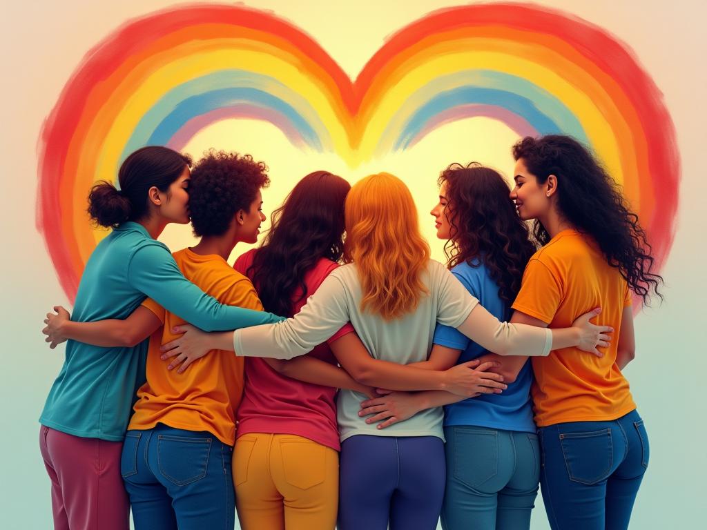 A vibrant image showing a diverse group of people embracing each other, symbolizing unconditional love and acceptance. The background features a heart-shaped rainbow, representing hope and inclusivity. Keywords: Unconditional love, acceptance, diverse community, heart, rainbow, empathy.