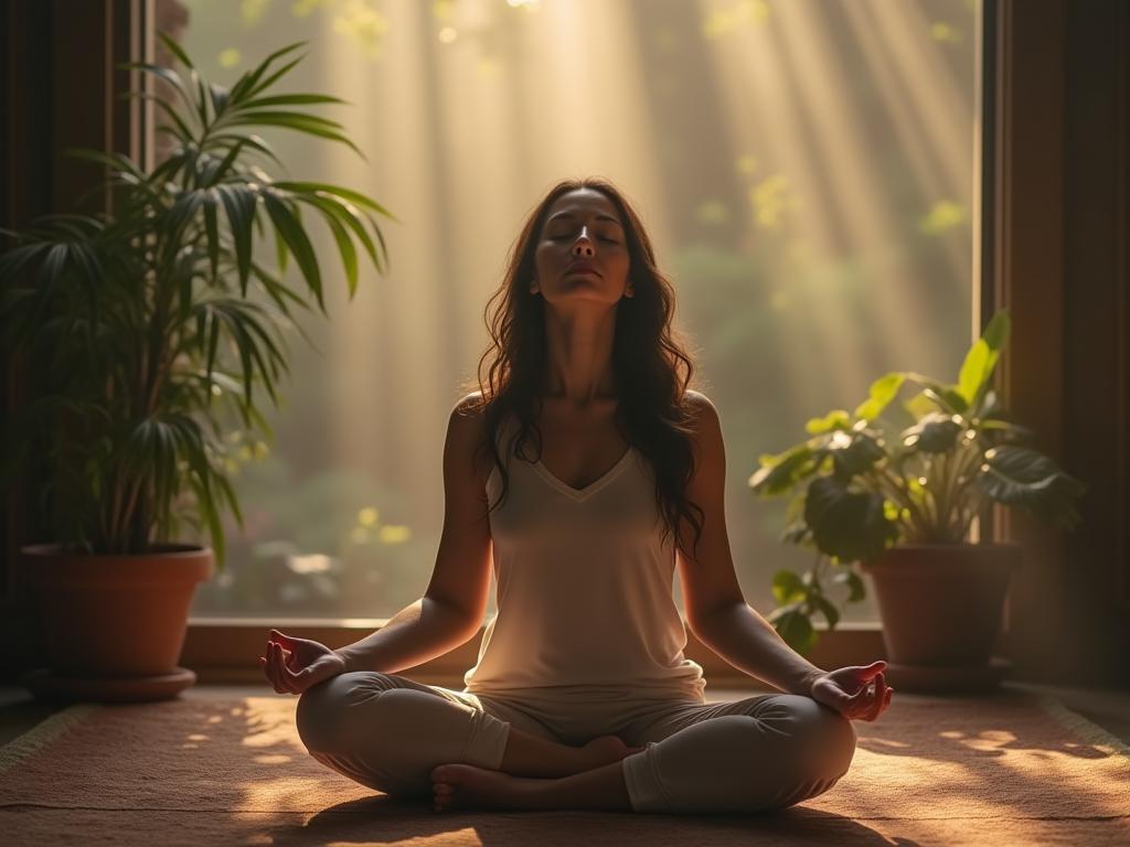 A person meditating with eyes closed, surrounded by a calming and peaceful environment.