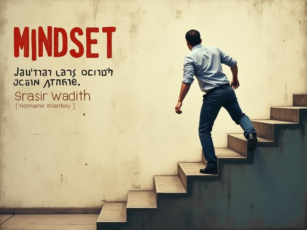 A person climbing stairs symbolizing growth mindset and personal development, with the title of the book Mindset in the background.