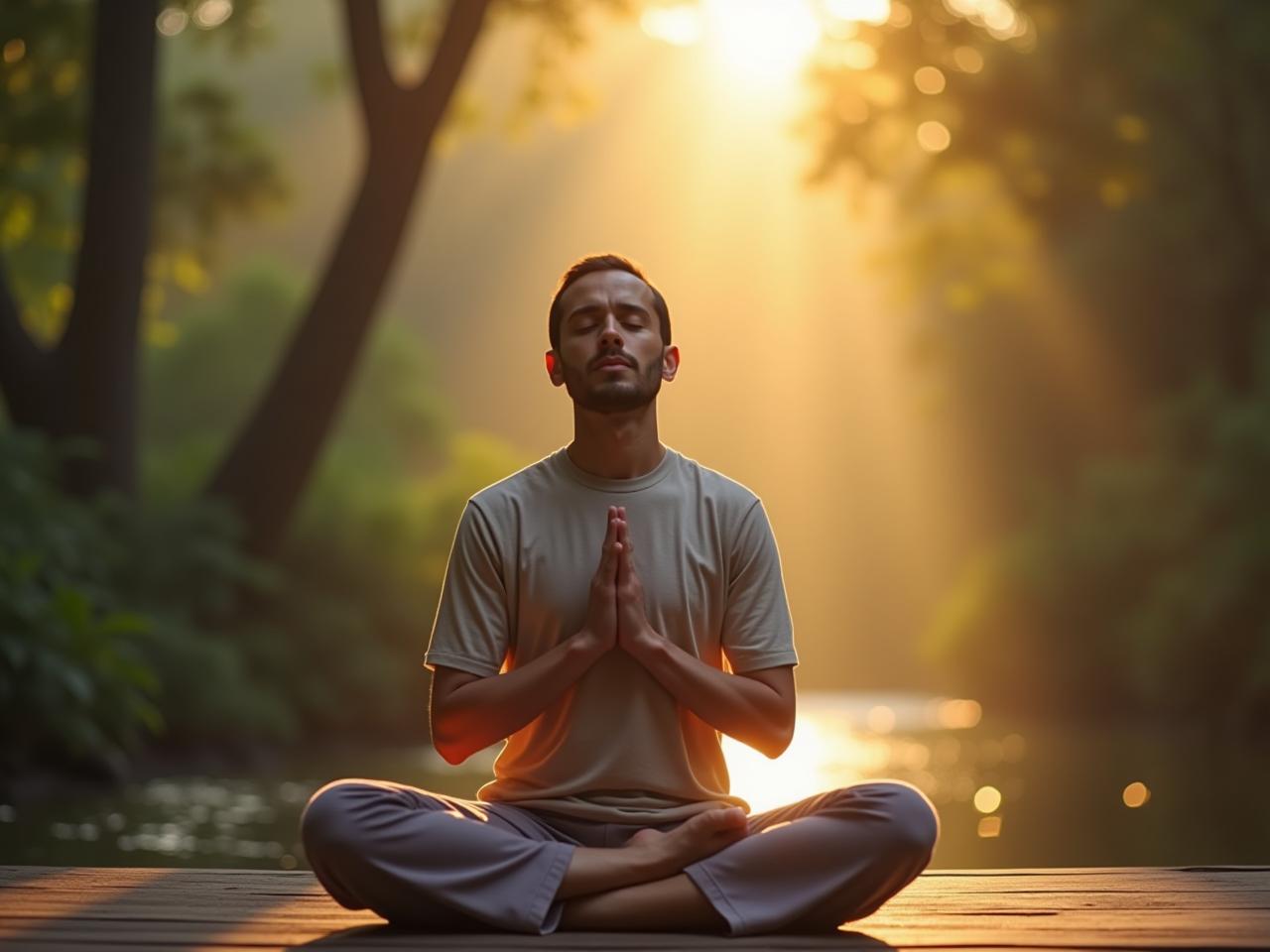 A person meditating in a peaceful environment, focusing on their breath.