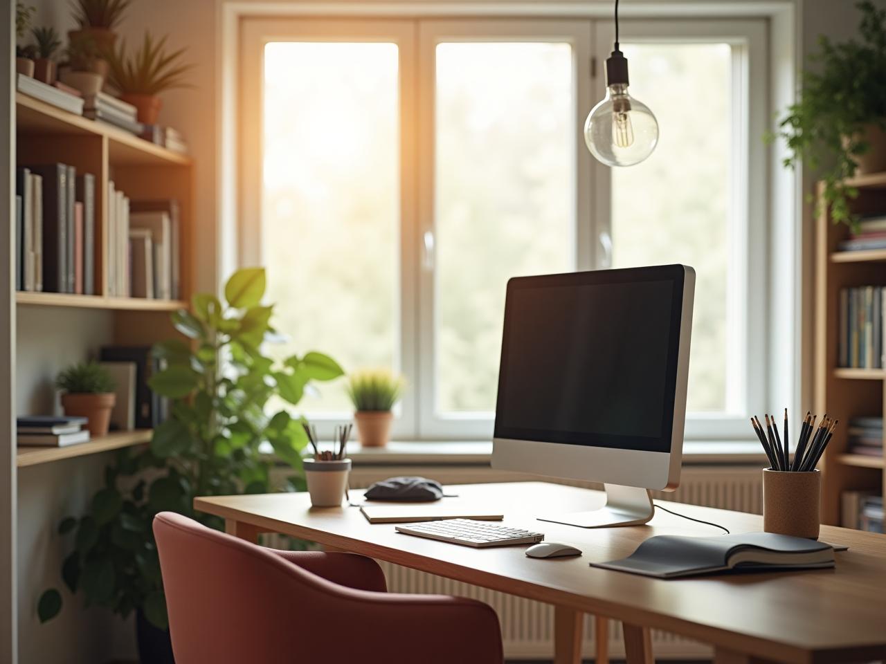 A brightly lit home office with a clean desk, a computer, a plant, and inspiring books, representing a conducive environment for creativity.