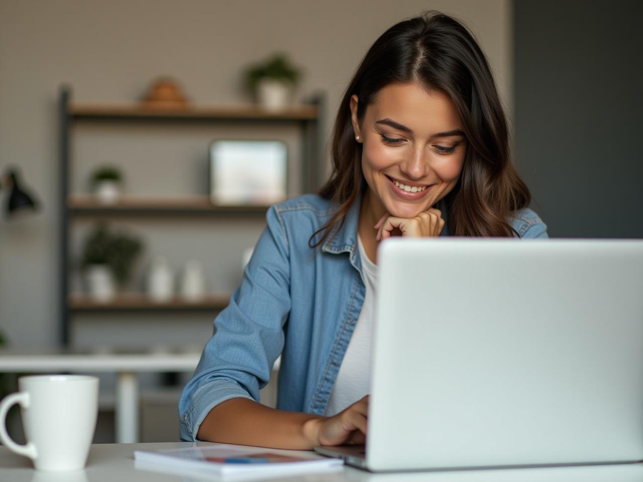 A person sitting at a desk, working on a laptop, with a relaxed expression and a cup of coffee nearby. The background is a clean and organized workspace.