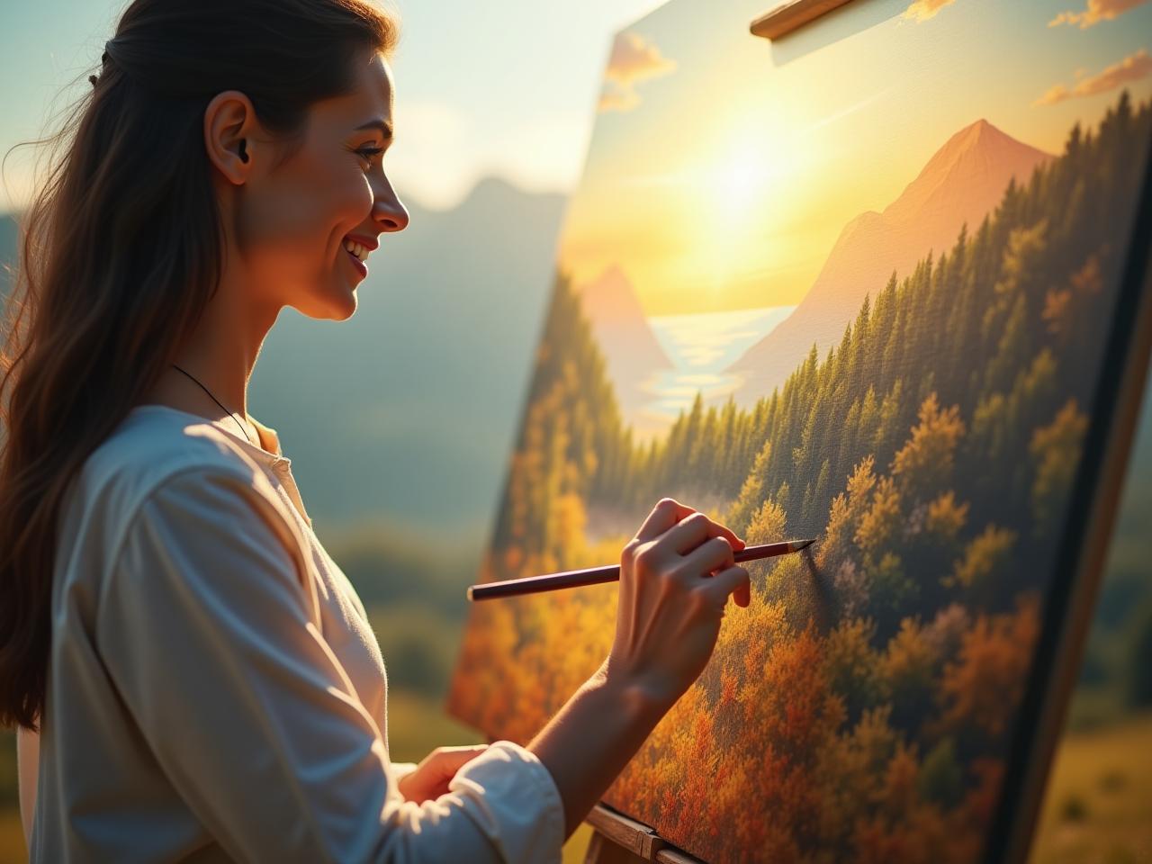 A person painting a landscape with focus and enjoyment, representing the state of flow and being present in the moment. The image should convey a sense of calm, creativity, and immersion in the activity.
