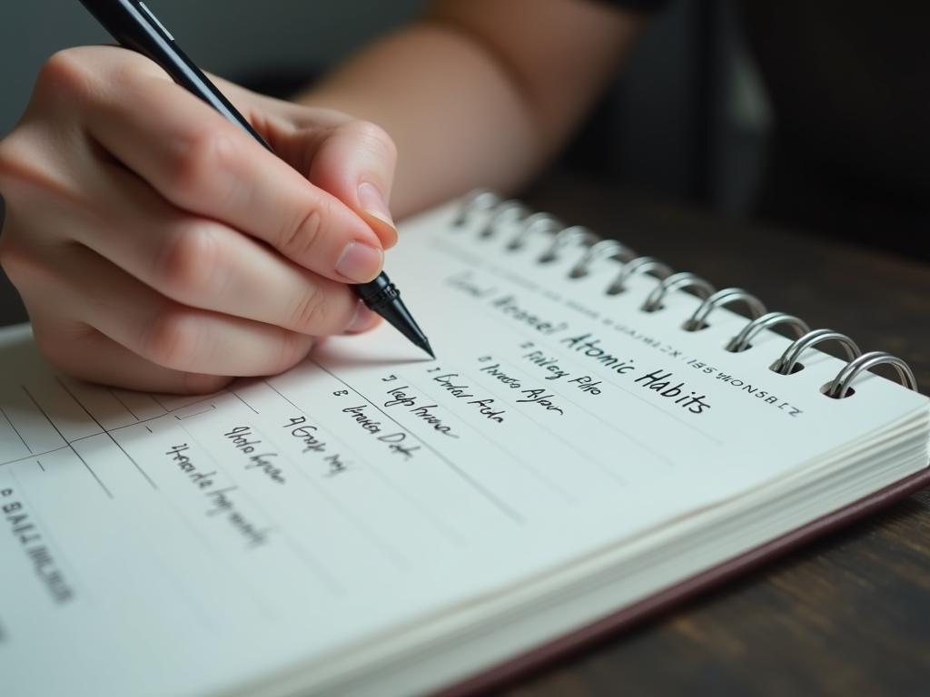 Close-up shot of a person writing in a planner with the words Atomic Habits visible in the background. The planner is open to a page with scheduled activities, emphasizing the importance of planning ahead. The image conveys the concept of building good habits through intentional scheduling and reflects the core message of the book Atomic Habits by James Clear.