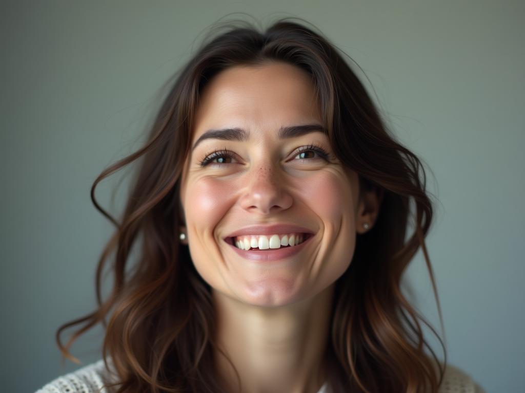 A woman smiling and looking thoughtful, representing creative problem-solving and mental well-being.