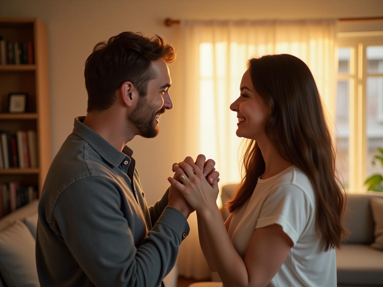 A couple holding hands and looking at each other with love and affection. The background is a warm and inviting home setting. Keywords: couple, love, relationship, communication, John Gottman, emotional bids, connection.