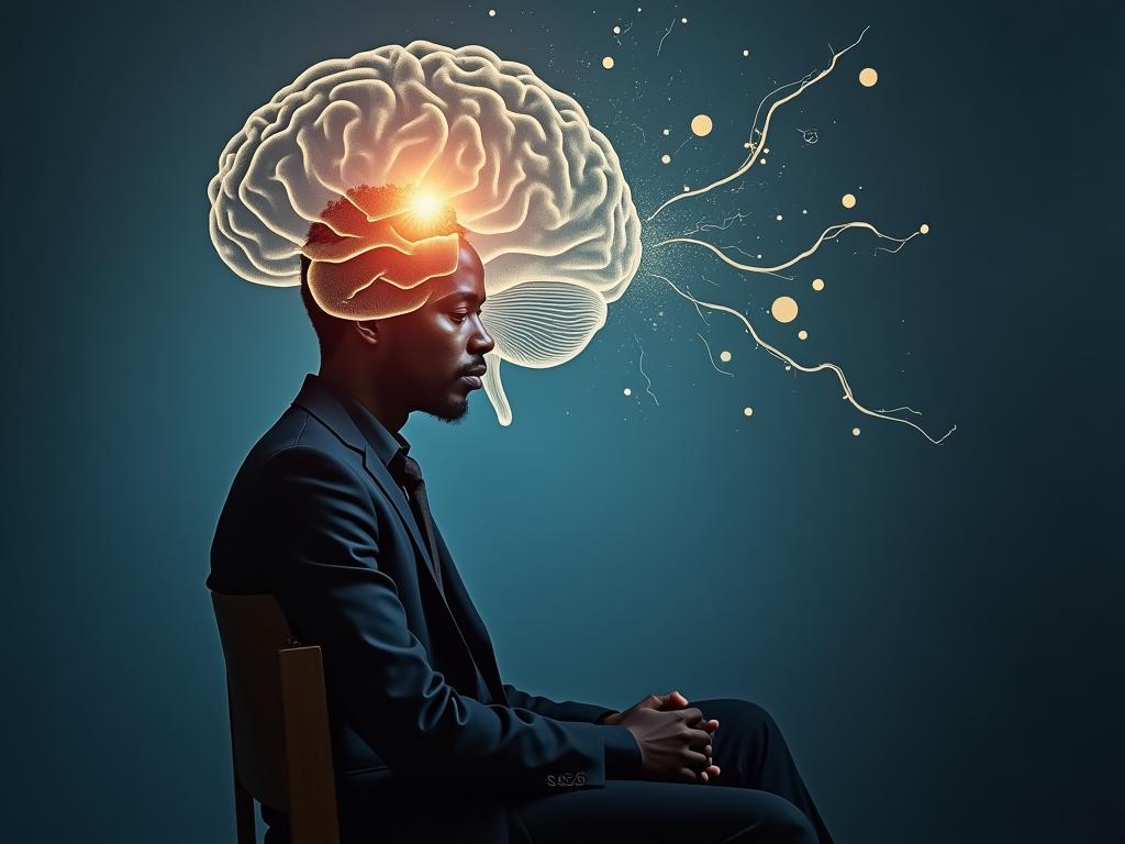 A person sitting and thinking, with a brain image overlaid, symbolizing the integration of emotions and logic in decision-making. Keywords: Emotional Intelligence, Decision Making, Richard Davidson, Brain and Mind, Cognitive Balance