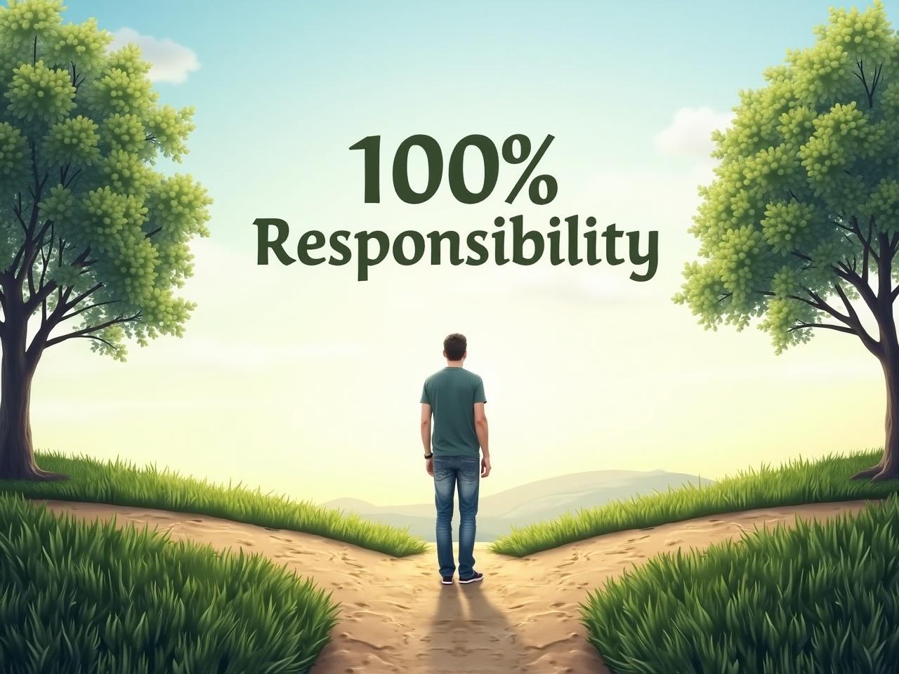 A person standing at a crossroads, symbolizing the power of choice and taking responsibility for ones path. The image includes elements of nature, such as trees and a clear sky, representing growth and opportunity. The text 100% Responsibility is subtly integrated into the image.
