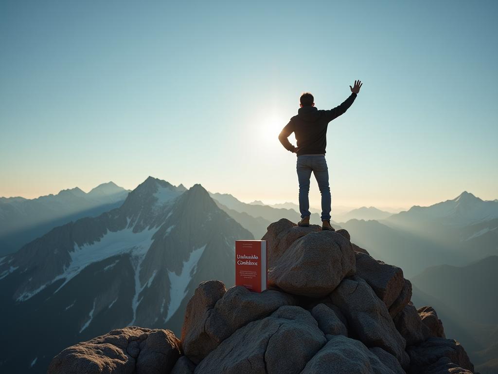 A person standing confidently on a mountain peak, symbolizing self-confidence and achievement, with the book Unshakeable Confidence in the foreground. Keywords: Self-confidence, achievement, mountain, book, success, motivation.