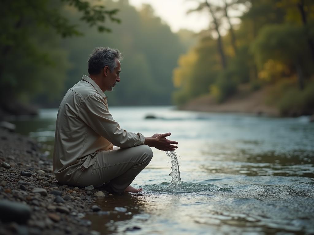 A serene image of a person sitting by a river, letting water flow through their hands, symbolizing acceptance of uncertainty.