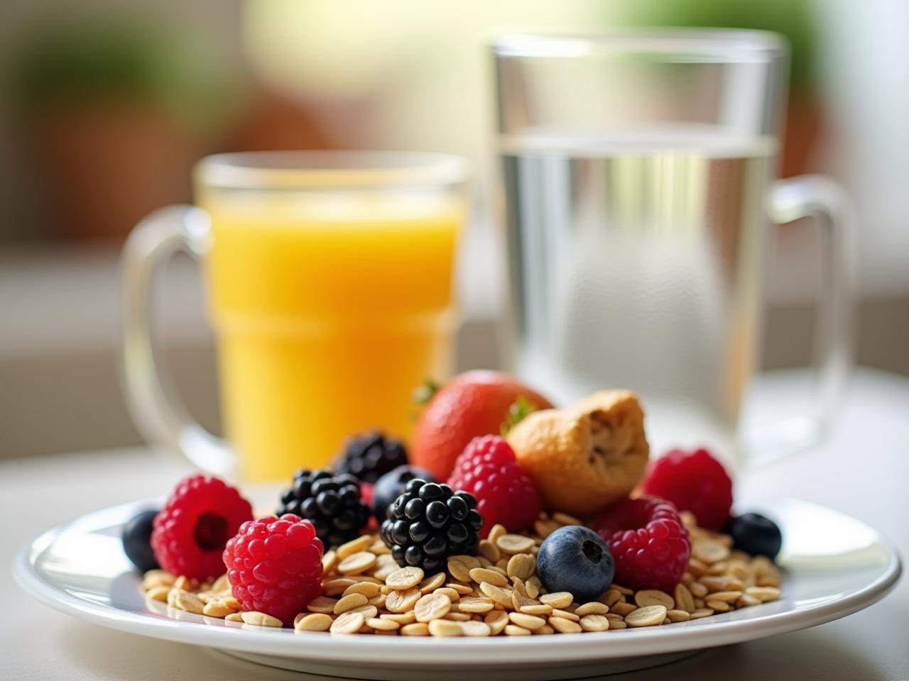 A vibrant image of a healthy and balanced breakfast with oats, nuts, berries, and a glass of water, representing energetic nutrition and sustained energy.