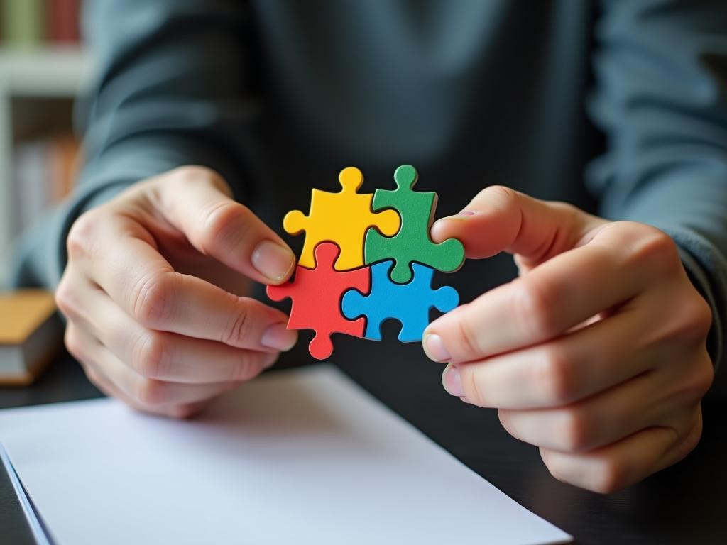 A close-up image of a persons hands holding a colorful puzzle piece, symbolizing creative problem-solving and thinking outside the box. The background is blurred, featuring books and notes, suggesting a learning environment.