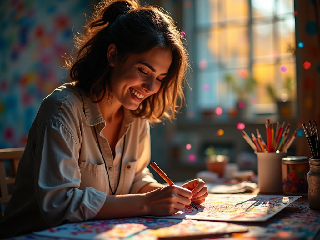 A person deeply focused and smiling while creating art, surrounded by vibrant colors, symbolizing the feeling of flow and optimal experience. Keywords: flow state, creativity, focus, happiness, Mihaly Csikszentmihalyi