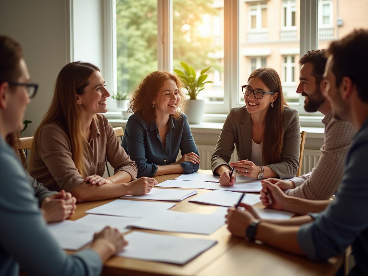 A group of people collaborating around a table, exchanging ideas and learning from each other. The atmosphere is collaborative and supportive.