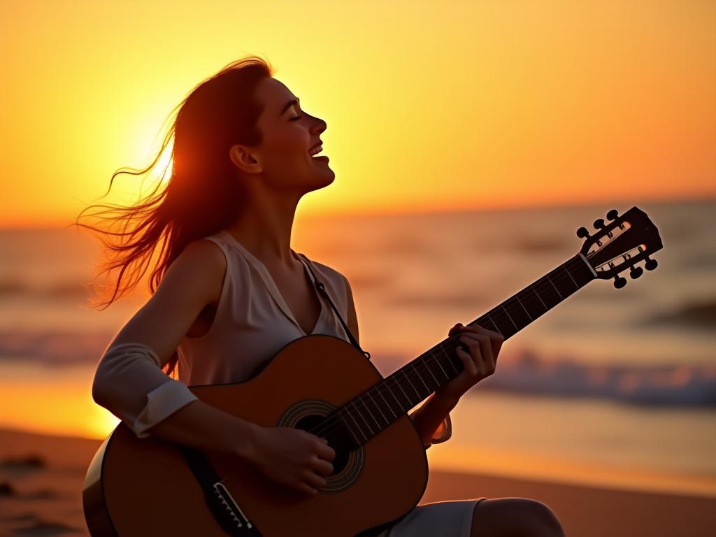 A woman playing a guitar on a beach at sunset, completely immersed in the music, symbolizing the flow experience. keywords: flow state, music, beach, sunset, happiness, Mihaly Csikszentmihalyi, guitar
