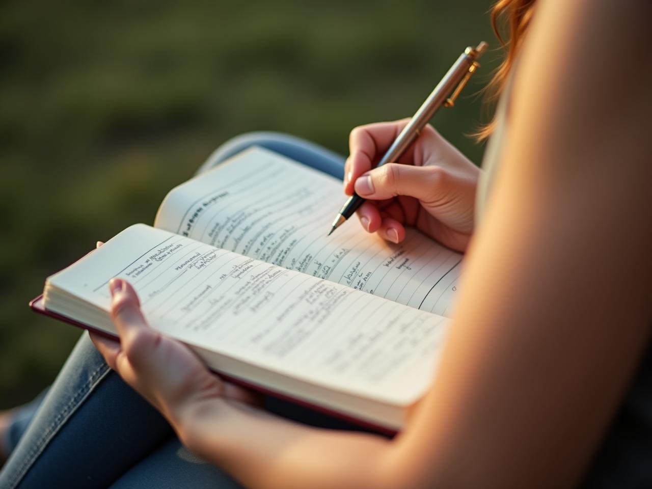 A person writing in a gratitude journal in a peaceful setting.