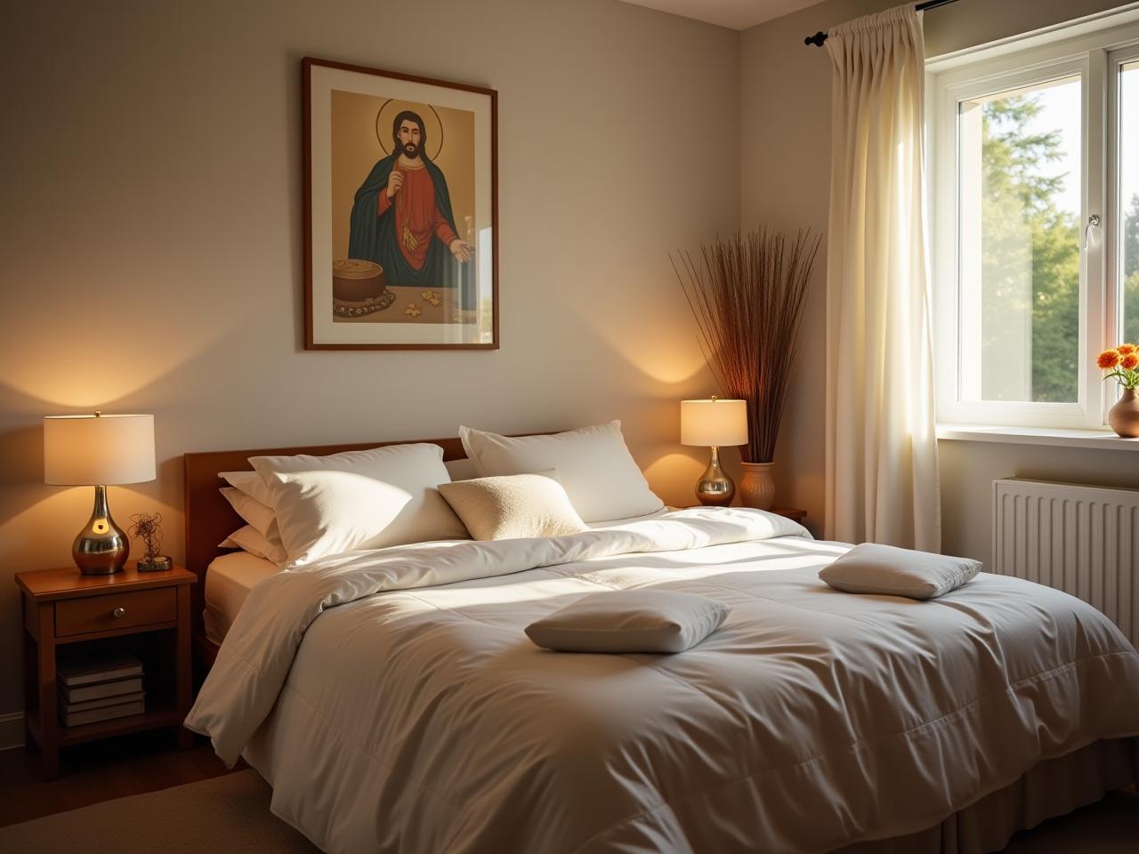 A cozy bedroom with a thermostat set to 18 degrees Celsius, a window slightly open, and breathable cotton bedding.