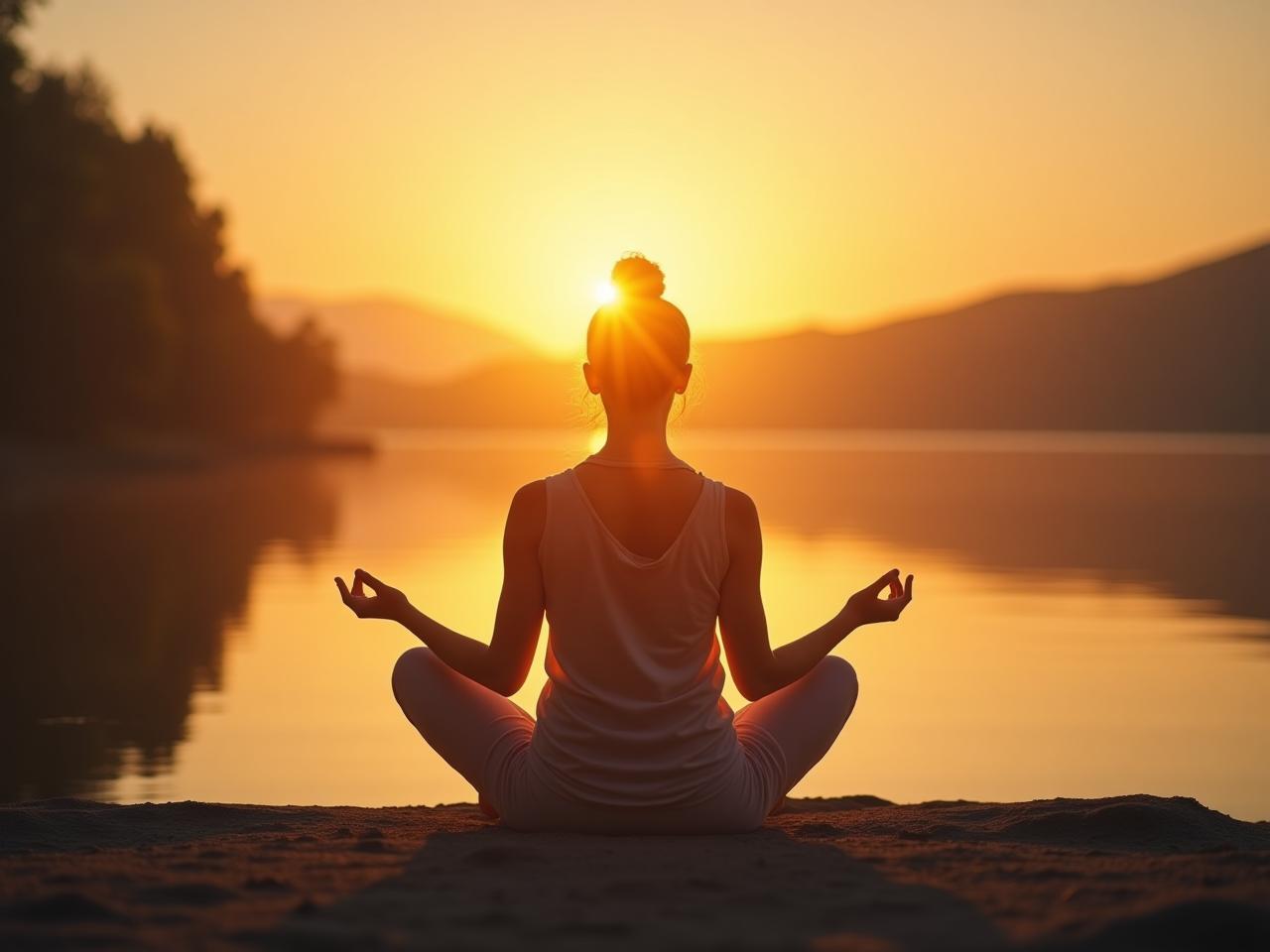 A serene image of a person meditating by a calm lake at sunrise, symbolizing inner peace and stress reduction. Keywords: meditation, mindfulness, stress reduction, Deepak Chopra, living without stress.