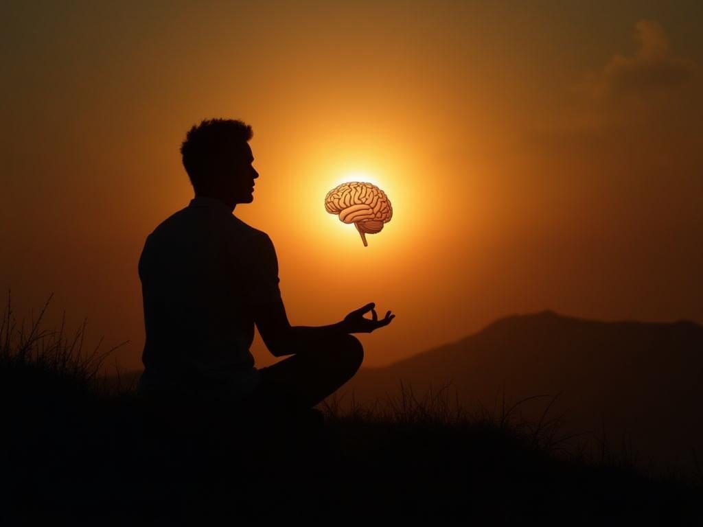 Silhouette of a person meditating in nature with a glowing brain inside their head, symbolizing the connection between mind and body. Calm and peaceful atmosphere. Keywords: mindfulness, meditation, brain health, emotional well-being, Richard Davidson, The Emotional Life of Your Brain, body-mind connection