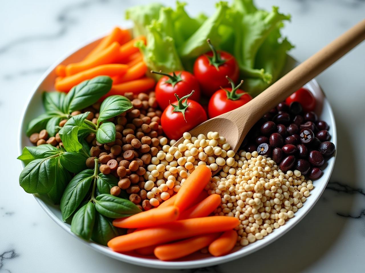 A colorful and vibrant plate filled with a variety of fresh vegetables, legumes, and whole grains, representing the core principles of a plant-based diet as described in The End of Dieting by Joel Fuhrman. The image aims to evoke feelings of health, vitality, and abundance.