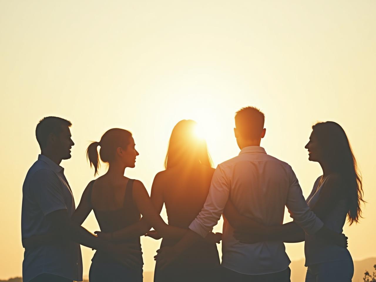 A supportive group of people standing together, symbolizing community and shared experience in managing chronic pain. The image represents the concept of building a social support network as discussed in Full Catastrophe Living by Jon Kabat-Zinn.