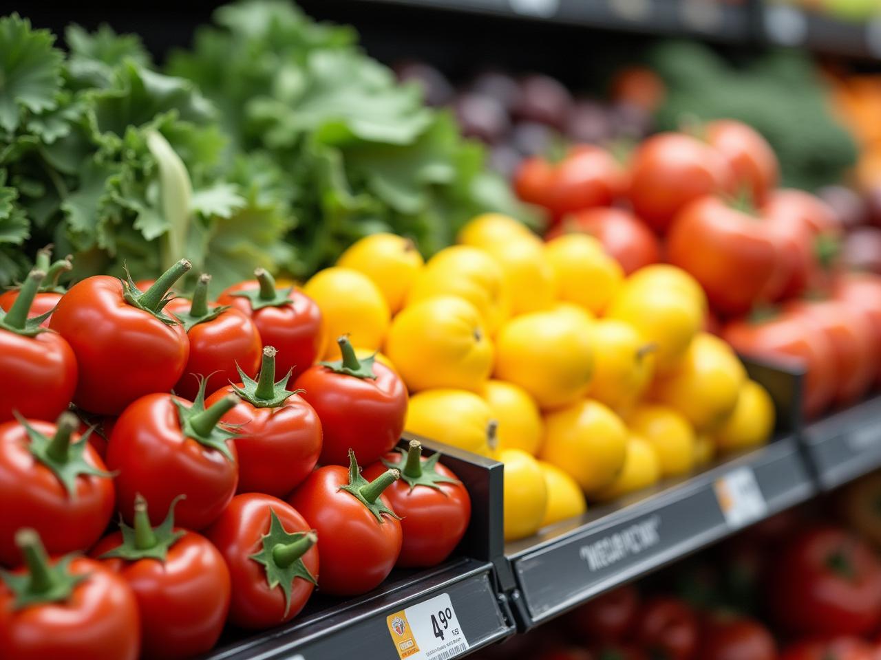 Fresh fruits and vegetables displayed in a supermarket aisle, representing healthy eating and the perimeter of the supermarket.