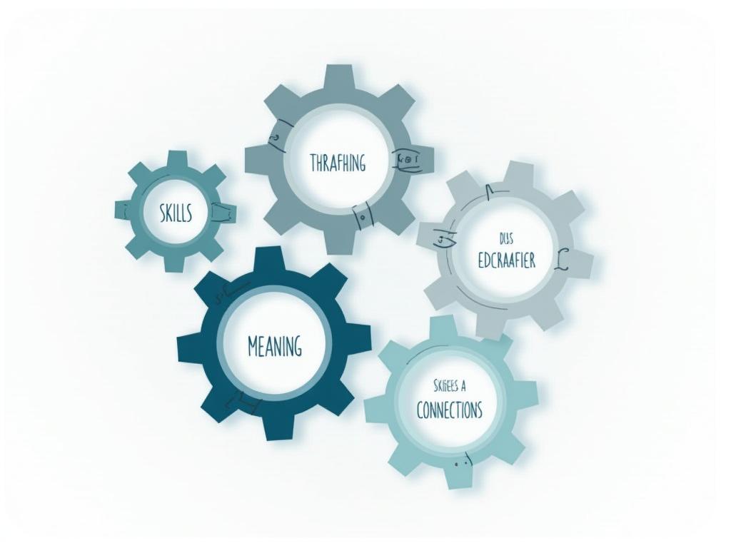 Three interconnected gears representing skills, meaning, and connections, symbolizing a balanced approach to career success.