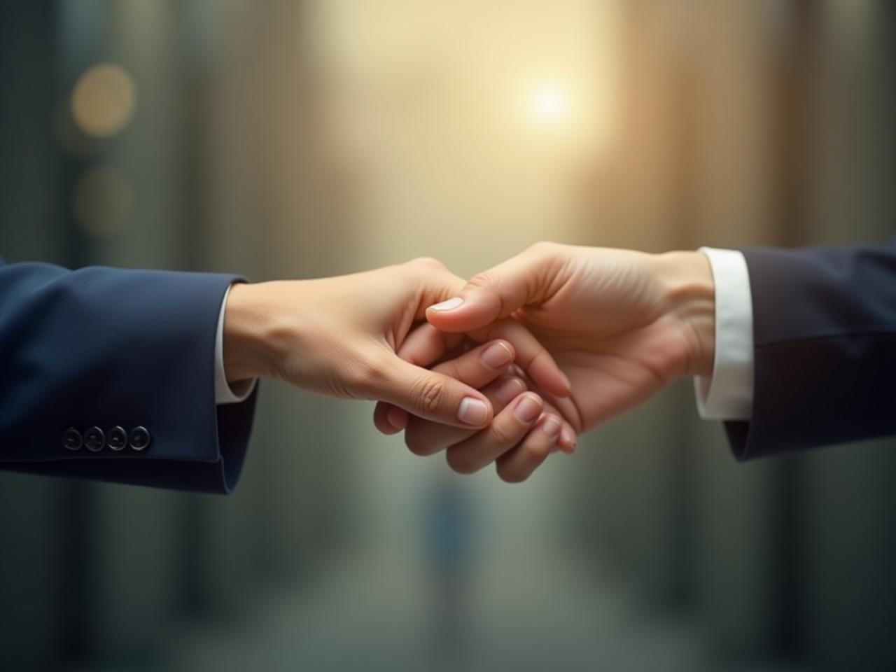 Two people reaching across a divide, joining hands in agreement. The background is blurred, representing the previous conflict, while the foreground is sharp and focused, symbolizing the shared goal.