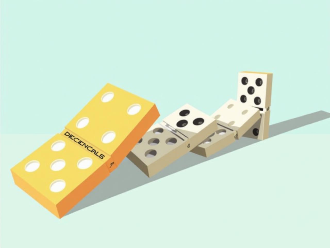 Dominoes falling in a chain reaction, symbolizing the domino effect from Essentialism by Greg McKeown. The first domino is larger and brightly colored, representing the essential task, while the rest are smaller and lead towards a clear goal.