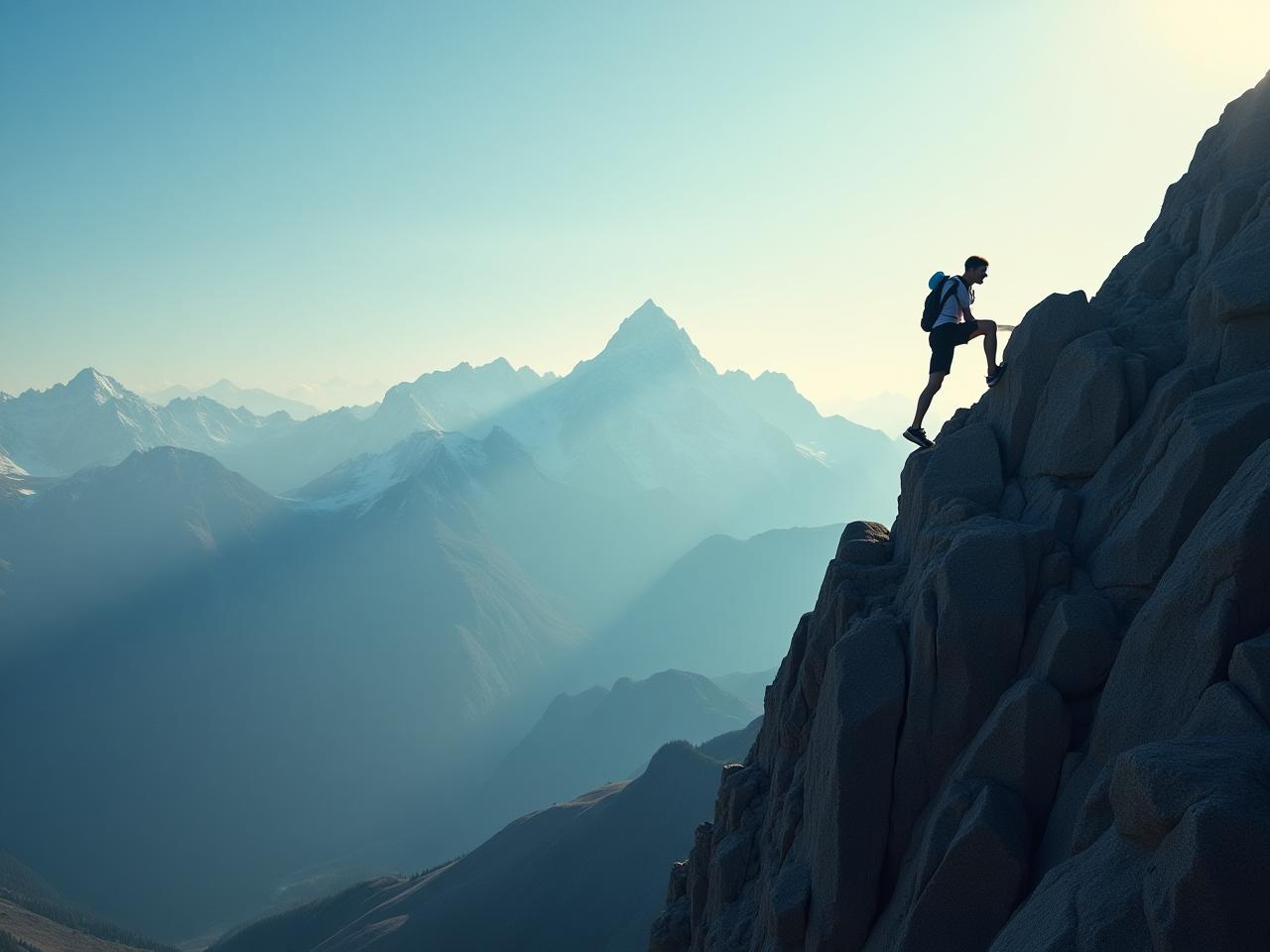 A person climbing a steep mountain, representing the challenge and resilience required to push beyond comfort zones, inspired by David Gogginss book Cant Hurt Me.