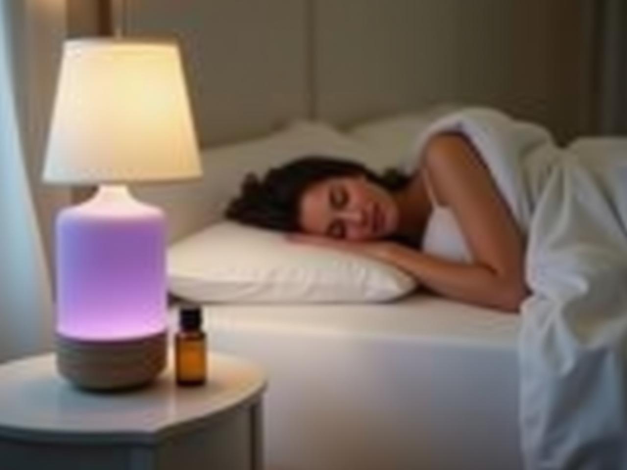 A peaceful bedroom scene with soft lighting, featuring a diffuser with lavender essential oil, and a person sleeping soundly in a comfortable bed. The image emphasizes relaxation and serenity, reflecting the essence of good sleep.