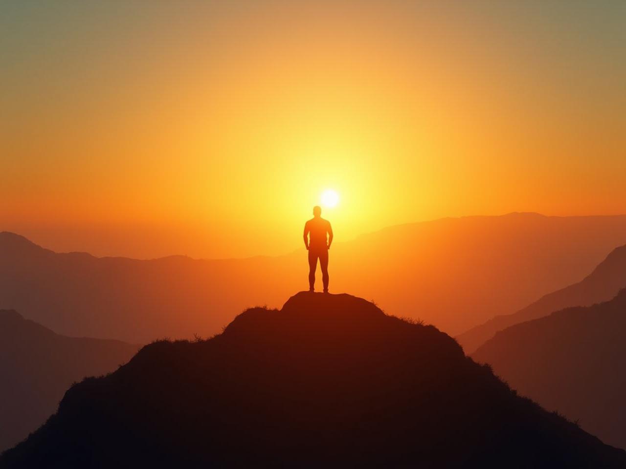 A person standing on a mountain top, looking at a beautiful sunrise. The sun represents gratitude and the mountain represents overcoming challenges.