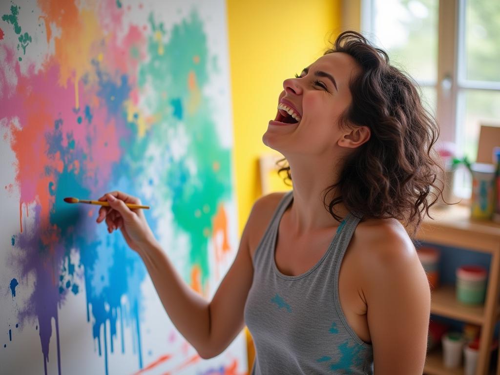 A person joyfully painting with vibrant colors on a canvas, symbolizing freedom and creative expression.