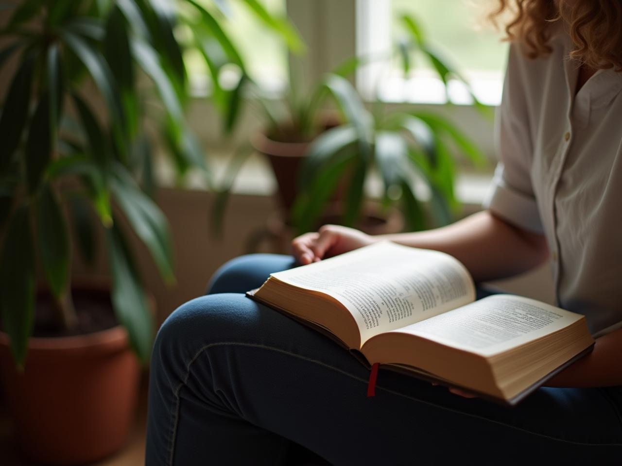 A person reading a book in a cozy setting, surrounded by plants and natural light. Keywords: Daily reading, personal growth, habits of the rich, learning, self-improvement.