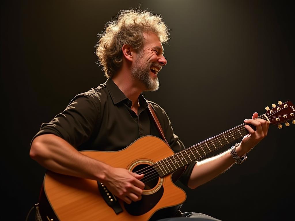 A person deeply focused on playing a musical instrument, radiating joy and concentration, representing the concept of flow.